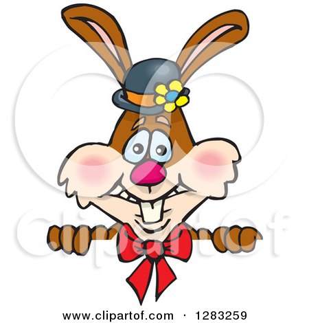 Clipart of a Happy Brown Easter Bunny Rabbit Wearing a Hat and Bow over a Sign - Royalty Free Vector Illustration by Dennis Holmes Designs