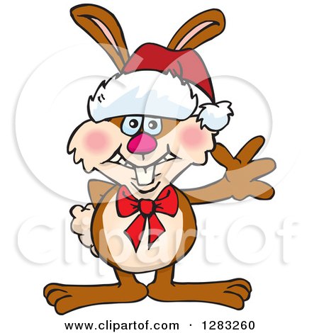 Clipart of a Friendly Waving Brown Easter Bunny Rabbit Wearing a Christmas Santa Hat - Royalty Free Vector Illustration by Dennis Holmes Designs