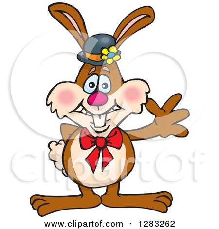 Clipart of a Friendly Waving Brown Easter Bunny Rabbit Wearing a Hat and Bow - Royalty Free Vector Illustration by Dennis Holmes Designs