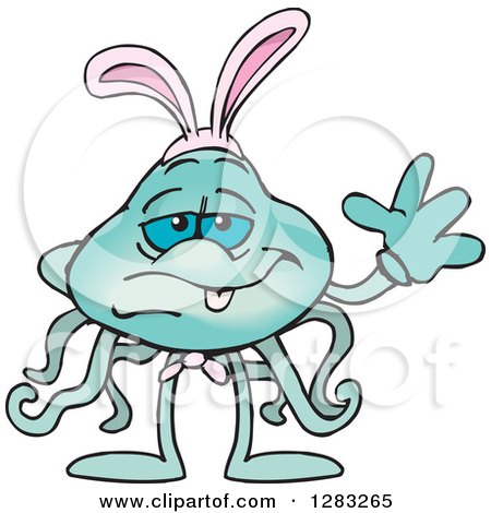 Clipart of a Friendly Waving Jellyfish Wearing Easter Bunny Ears - Royalty Free Vector Illustration by Dennis Holmes Designs