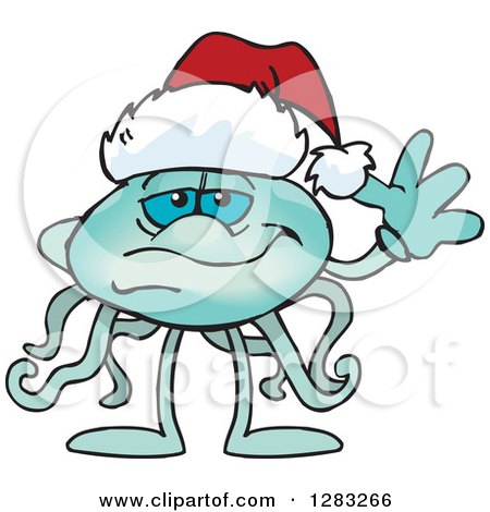 Clipart of a Friendly Waving Jellyfish Wearing a Christmas Santa Hat - Royalty Free Vector Illustration by Dennis Holmes Designs
