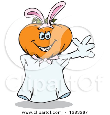 Clipart of a Friendly Waving Jackolantern Ghost Wearing Easter Bunny Ears - Royalty Free Vector Illustration by Dennis Holmes Designs