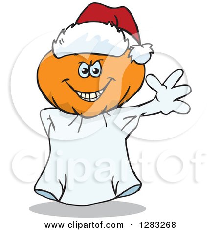 Clipart of a Friendly Waving Jackolantern Ghost Wearing a Christmas Santa Hat - Royalty Free Vector Illustration by Dennis Holmes Designs