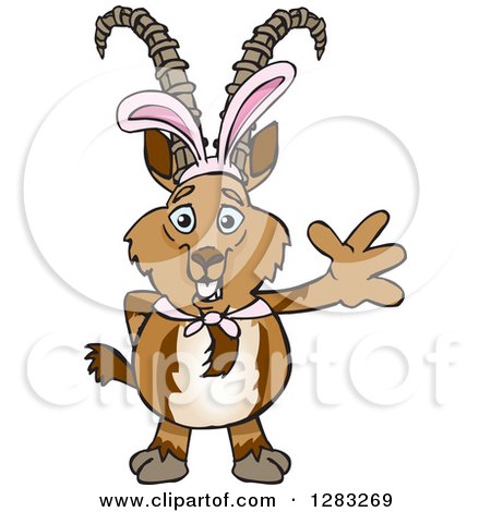 Clipart of a Friendly Waving Ibex Goat Wearing Easter Bunny Ears - Royalty Free Vector Illustration by Dennis Holmes Designs