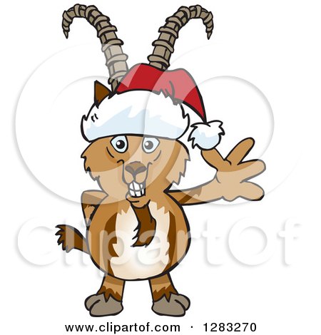Clipart of a Friendly Waving Ibex Goat Wearing a Christmas Santa Hat - Royalty Free Vector Illustration by Dennis Holmes Designs