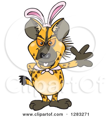 Clipart of a Friendly Waving Hyena Wearing Easter Bunny Ears - Royalty Free Vector Illustration by Dennis Holmes Designs
