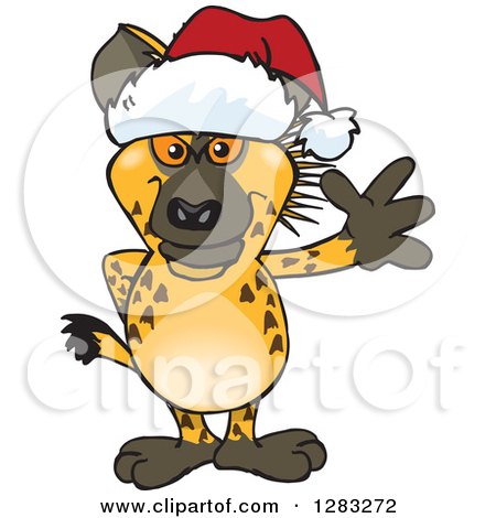 Clipart of a Friendly Waving Hyena Wearing a Christmas Santa Hat - Royalty Free Vector Illustration by Dennis Holmes Designs
