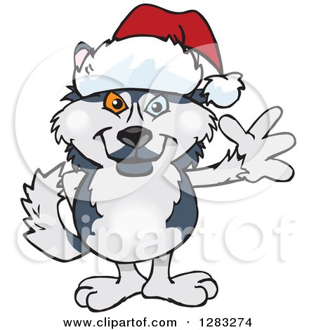 Clipart of a Friendly Waving Husky Dog Wearing a Christmas Santa Hat - Royalty Free Vector Illustration by Dennis Holmes Designs