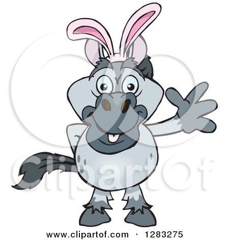 Clipart of a Friendly Waving Gray Horse Wearing Easter Bunny Ears - Royalty Free Vector Illustration by Dennis Holmes Designs