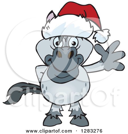 Clipart of a Friendly Waving Gray Horse Wearing a Christmas Santa Hat - Royalty Free Vector Illustration by Dennis Holmes Designs