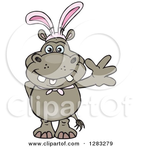 Clipart of a Friendly Waving Hippo Wearing Easter Bunny Ears - Royalty Free Vector Illustration by Dennis Holmes Designs