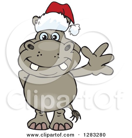 Clipart of a Friendly Waving Hippo Wearing a Christmas Santa Hat - Royalty Free Vector Illustration by Dennis Holmes Designs