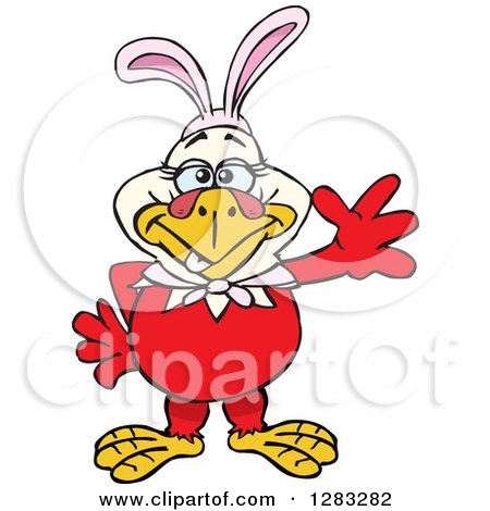 Clipart of a Friendly Waving Chicken Hen Wearing Easter Bunny Ears - Royalty Free Vector Illustration by Dennis Holmes Designs