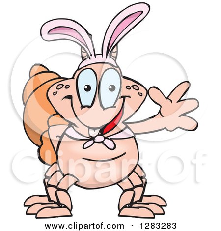 Clipart of a Friendly Waving Hermit Crab Wearing Easter Bunny Ears - Royalty Free Vector Illustration by Dennis Holmes Designs