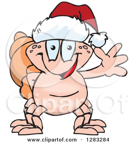 Clipart of a Friendly Waving Hermit Crab Wearing a Christmas Santa Hat - Royalty Free Vector Illustration by Dennis Holmes Designs