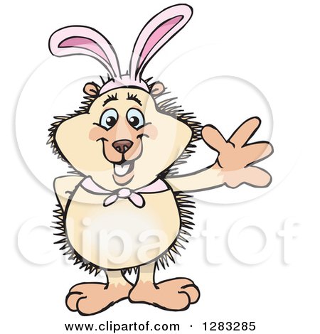Clipart of a Friendly Waving Hedgehog Wearing Easter Bunny Ears - Royalty Free Vector Illustration by Dennis Holmes Designs