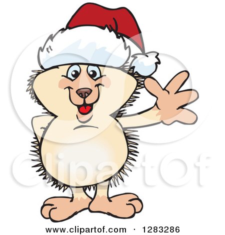 Clipart of a Friendly Waving Hedgehog Wearing a Christmas Santa Hat - Royalty Free Vector Illustration by Dennis Holmes Designs