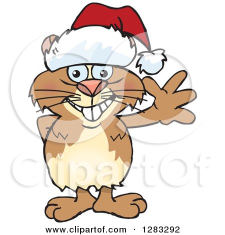Clipart of a Friendly Waving Guinea Pig Wearing a Christmas Santa Hat - Royalty Free Vector Illustration by Dennis Holmes Designs