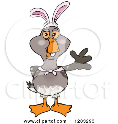 Clipart of a Friendly Waving Goose Wearing Easter Bunny Ears - Royalty Free Vector Illustration by Dennis Holmes Designs