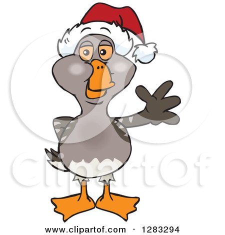 Clipart of a Friendly Waving Goose Wearing a Christmas Santa Hat - Royalty Free Vector Illustration by Dennis Holmes Designs