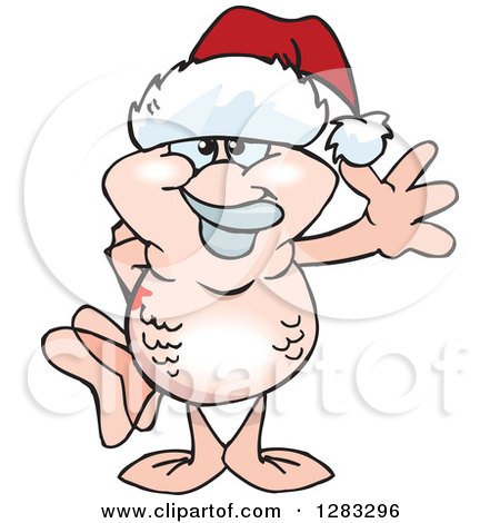 Clipart of a Friendly Waving Pink Goldfish Wearing a Christmas Santa Hat - Royalty Free Vector Illustration by Dennis Holmes Designs