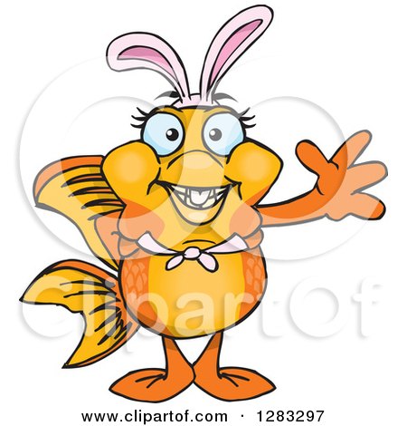 Clipart of a Friendly Waving Fancy Goldfish Wearing Easter Bunny Ears - Royalty Free Vector Illustration by Dennis Holmes Designs