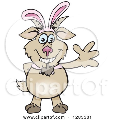 Clipart of a Friendly Waving Goat Wearing Easter Bunny Ears - Royalty Free Vector Illustration by Dennis Holmes Designs