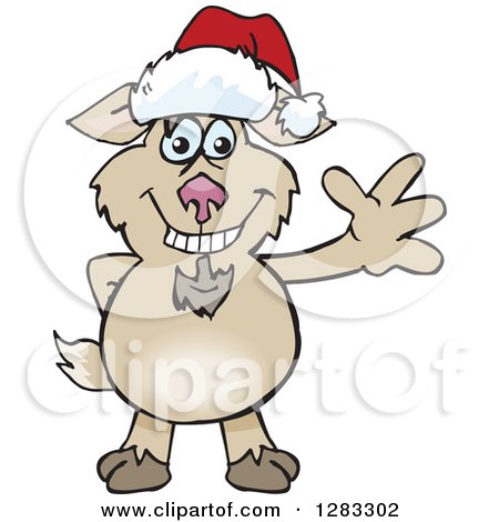 Clipart of a Friendly Waving Goat Wearing a Christmas Santa Hat - Royalty Free Vector Illustration by Dennis Holmes Designs