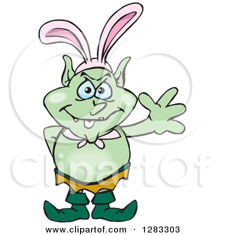 Clipart of a Friendly Waving Goblin Wearing Easter Bunny Ears - Royalty Free Vector Illustration by Dennis Holmes Designs