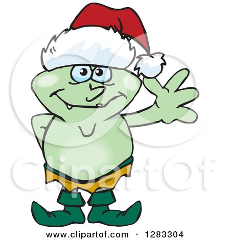 Clipart of a Friendly Waving Goblin Wearing a Christmas Santa Hat - Royalty Free Vector Illustration by Dennis Holmes Designs
