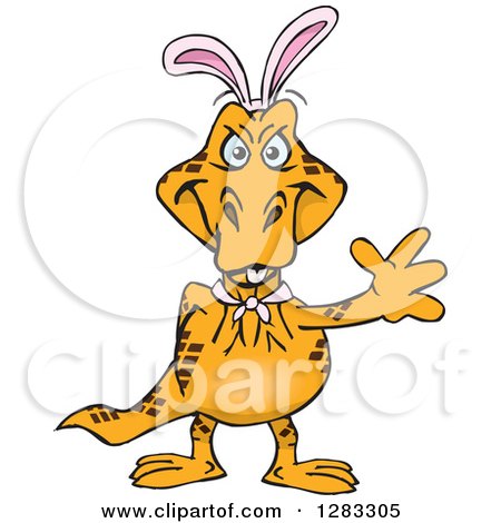 Clipart of a Friendly Waving Goanna Lizard Wearing Easter Bunny Ears - Royalty Free Vector Illustration by Dennis Holmes Designs