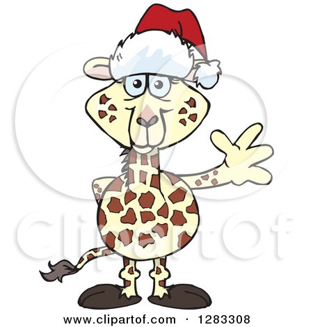 Clipart of a Friendly Waving Giraffe Wearing a Christmas Santa Hat - Royalty Free Vector Illustration by Dennis Holmes Designs