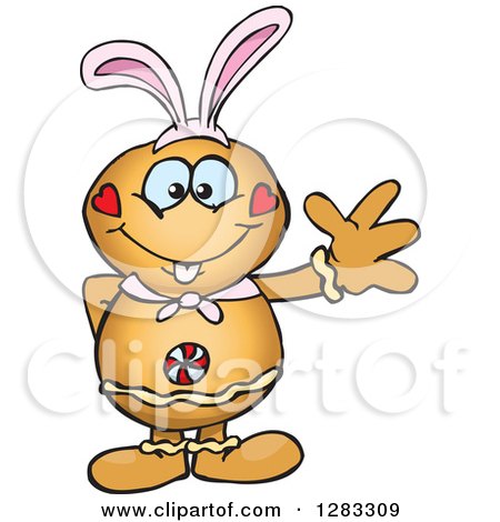 Clipart of a Friendly Waving Gingerbread Man Wearing Easter Bunny Ears - Royalty Free Vector Illustration by Dennis Holmes Designs