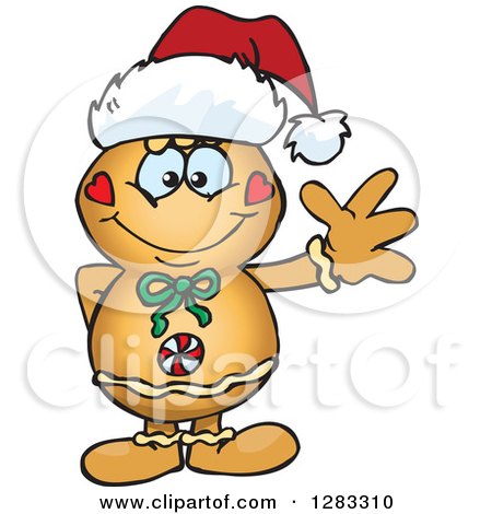 Clipart of a Friendly Waving Gingerbread Man Wearing a Christmas Santa Hat - Royalty Free Vector Illustration by Dennis Holmes Designs
