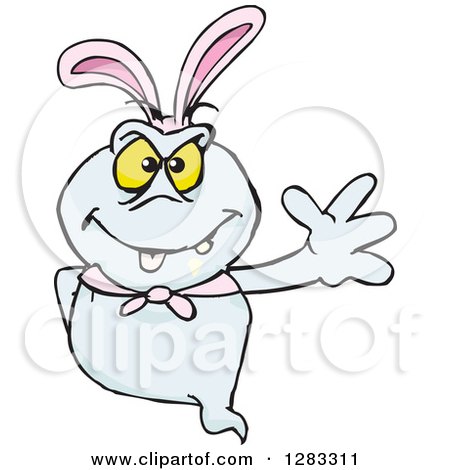 Clipart of a Friendly Waving Ghost Wearing Easter Bunny Ears - Royalty Free Vector Illustration by Dennis Holmes Designs