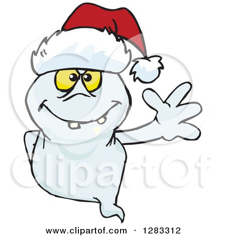 Clipart of a Friendly Waving Ghost Wearing a Christmas Santa Hat - Royalty Free Vector Illustration by Dennis Holmes Designs