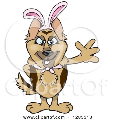 Clipart of a Friendly Waving German Shepherd Dog Wearing Easter Bunny Ears - Royalty Free Vector Illustration by Dennis Holmes Designs