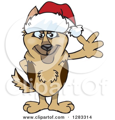 Clipart of a Friendly Waving German Shepherd Dog Wearing a Christmas Santa Hat - Royalty Free Vector Illustration by Dennis Holmes Designs