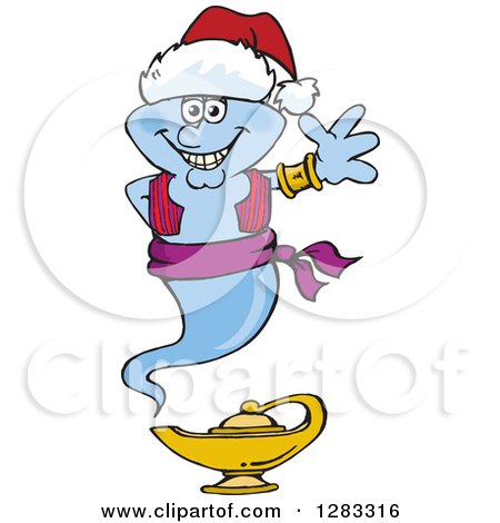 Clipart of a Friendly Waving Genie Wearing a Christmas Santa Hat - Royalty Free Vector Illustration by Dennis Holmes Designs