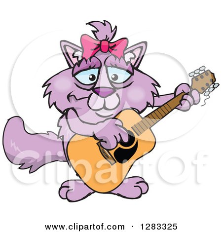 Clipart of a Happy Purple Cat Playing an Acoustic Guitar - Royalty Free Vector Illustration by Dennis Holmes Designs