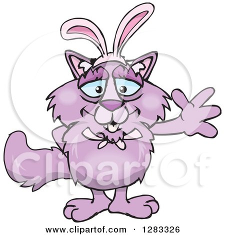 Clipart of a Friendly Waving Purple Cat Wearing Easter Bunny Ears - Royalty Free Vector Illustration by Dennis Holmes Designs