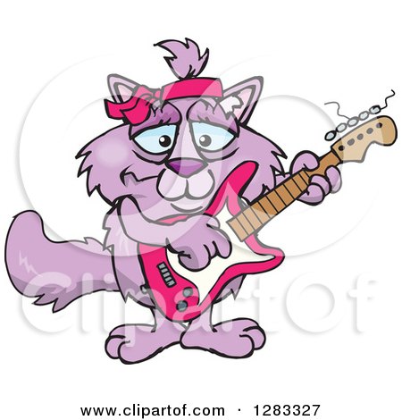 Clipart of a Happy Purple Cat Playing an Electric Guitar - Royalty Free Vector Illustration by Dennis Holmes Designs