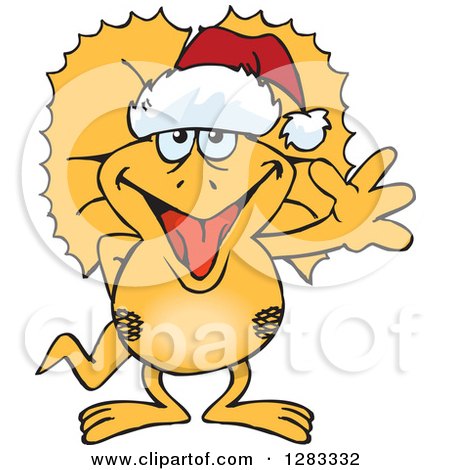 Clipart of a Friendly Waving Frill Necked Lizard Wearing a Christmas Santa Hat - Royalty Free Vector Illustration by Dennis Holmes Designs