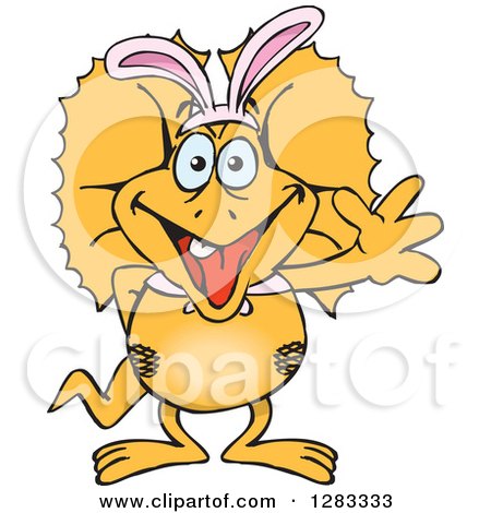 Clipart of a Friendly Waving Frill Necked Lizard Wearing Easter Bunny Ears - Royalty Free Vector Illustration by Dennis Holmes Designs
