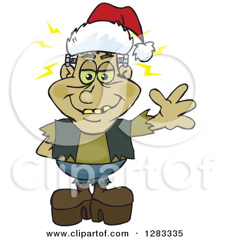 Clipart of a Friendly Waving Frankenstein Wearing a Christmas Santa Hat - Royalty Free Vector Illustration by Dennis Holmes Designs