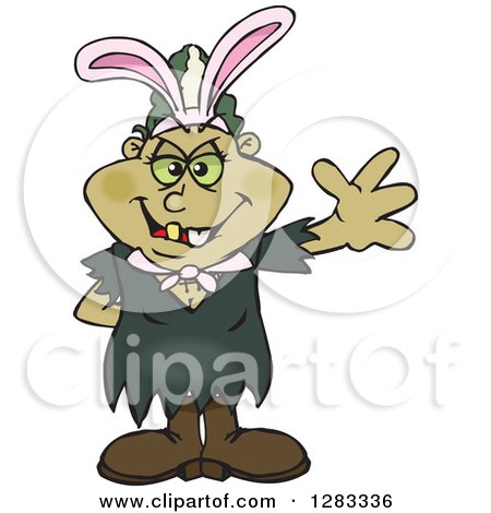 Clipart of a Friendly Waving Bride of Frankenstein Wearing Easter Bunny Ears - Royalty Free Vector Illustration by Dennis Holmes Designs