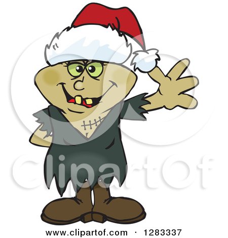 Clipart of a Friendly Waving Bride of Frankenstein Wearing a Christmas Santa Hat - Royalty Free Vector Illustration by Dennis Holmes Designs