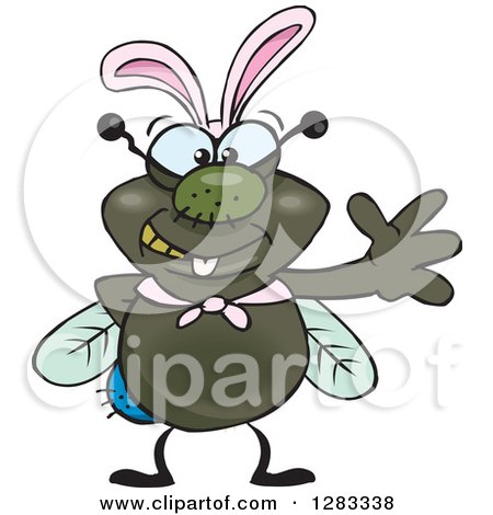 Clipart of a Friendly Waving House Fly Wearing Easter Bunny Ears - Royalty Free Vector Illustration by Dennis Holmes Designs