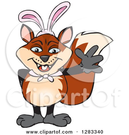 Clipart of a Friendly Waving Fox Wearing Easter Bunny Ears - Royalty Free Vector Illustration by Dennis Holmes Designs