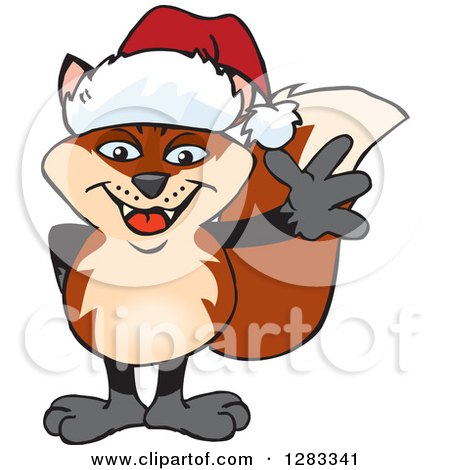 Clipart of a Friendly Waving Fox Wearing a Christmas Santa Hat - Royalty Free Vector Illustration by Dennis Holmes Designs